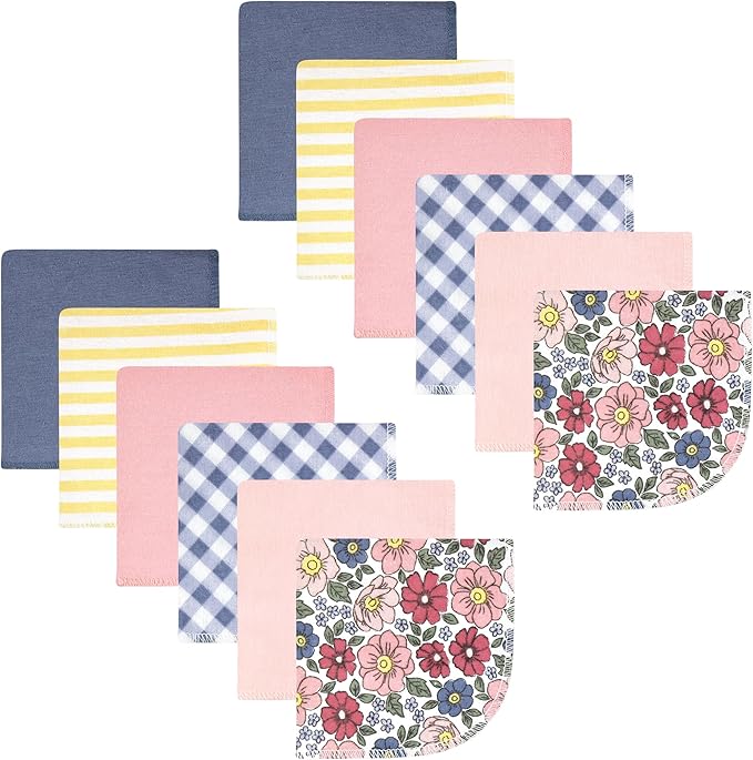 Hudson Baby Unisex Baby Flannel Cotton Washcloths, Pink Blue Pretty Floral 12 Pack, One Size