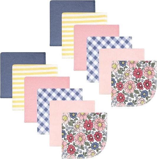 Hudson Baby Unisex Baby Flannel Cotton Washcloths, Pink Blue Pretty Floral 12 Pack, One Size