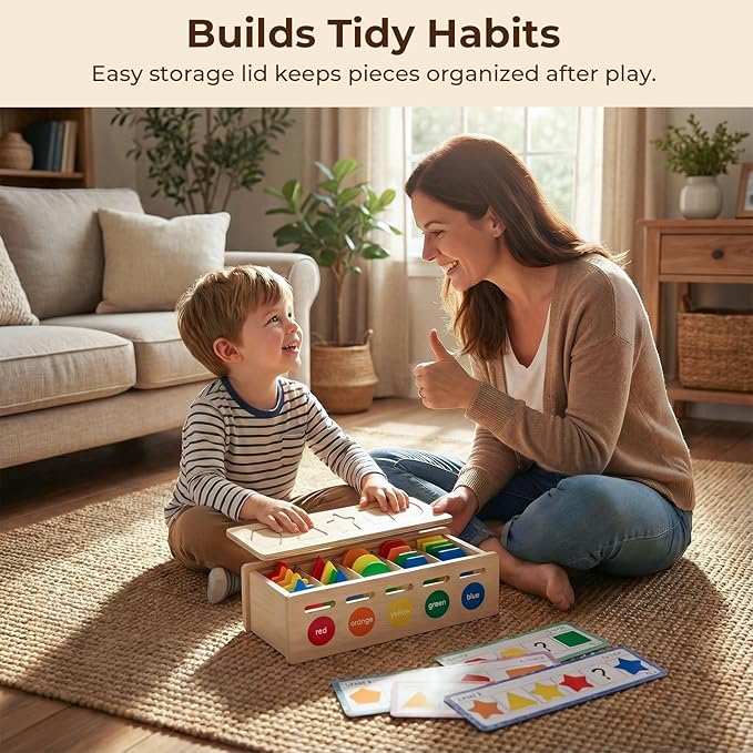 LovesTown 3-in-1 Wooden Shape Color Sorter Box with Logic Cards - Educational Matching Puzzle Game for Fine Motor Skills - Montessori Learning Gift for Toddlers