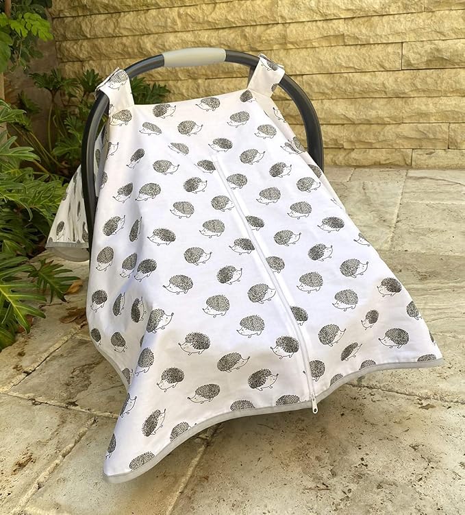 effe bébé Car Seat Covers for Newborn Infant Baby - Made from 100% Breathable Cotton - Can be Used for Carseat Canopy Baby Carrier Stroller Cover - for Boys and Girls (Grey Hedgehog)