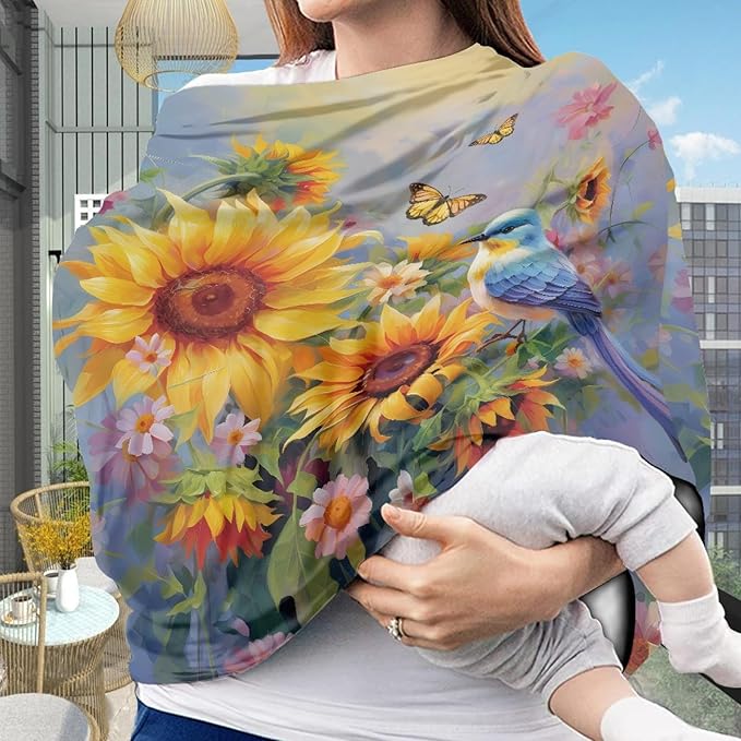 Sunflower Hummingbird Print Car Seat Canopy for Girls,Lovely Soft Nursing Cover Super Soft Washable Breastfeeding Scarf for Family