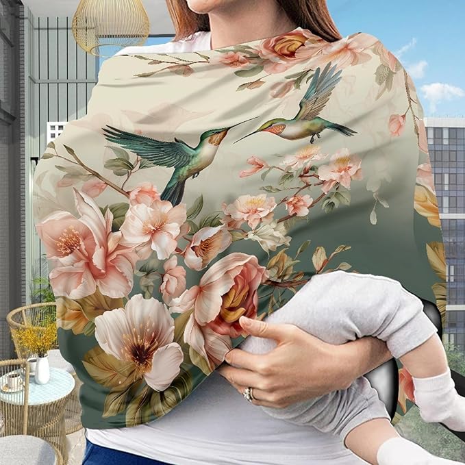 Fashion Hummingbird Floral Print Stylish Infant Babies Nursing Cover Stretchy Car Seat Canopy for Shopping Cart/High Chair/Stroller Covers