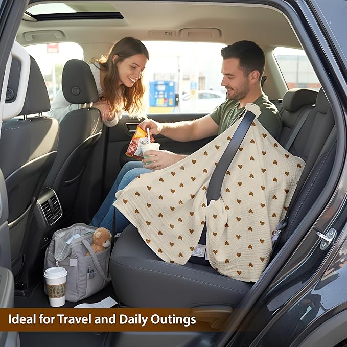100% Organic Muslin Cotton Car Seat Cover 35 x 50 Inches Soft Touch Breathable Canopy, Protective Car Seat Cover Baby All Seasons Lightweight Car Seat Cover Travel Comfort (Beige Hearts)