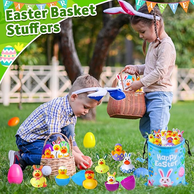 24 Pcs Prefilled Easter Eggs with Easter Rubber Ducks, Easter Basket Stuffers Party Favors, Fun Bath Toys Jeep for Ducks, Easter Egg Hunt, Holiday Classroom Gifts Prizes for Kids Toddler