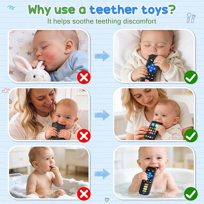 2 Pack Baby Teething Toys for 3-6 6-18 Months, Silicone Phone & TV Remote Control Shape Teether Toys, Newborn Teething Relief Sensory Chew Toys, Baby Shower Gifts for Infant Boys Girls 6-12 Months