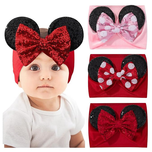 choicbaby 3 PCS 5 Inches Mouse Ears Sequin Bow Nylon Hairband with Polka Dot Cute Baby Headbands Soft Hairbands Hair Accessories for Newborn Infant Toddler Party Supplies