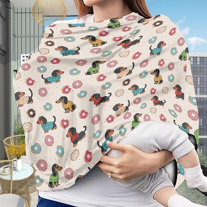 Biyejit Dachshund Doughnut Car Seat Canopy Breastfeeding Cover - Multi Use Baby Stroller and Carseat Cover, Breastfeeding Covers, Boys and Girls Shower Gifts