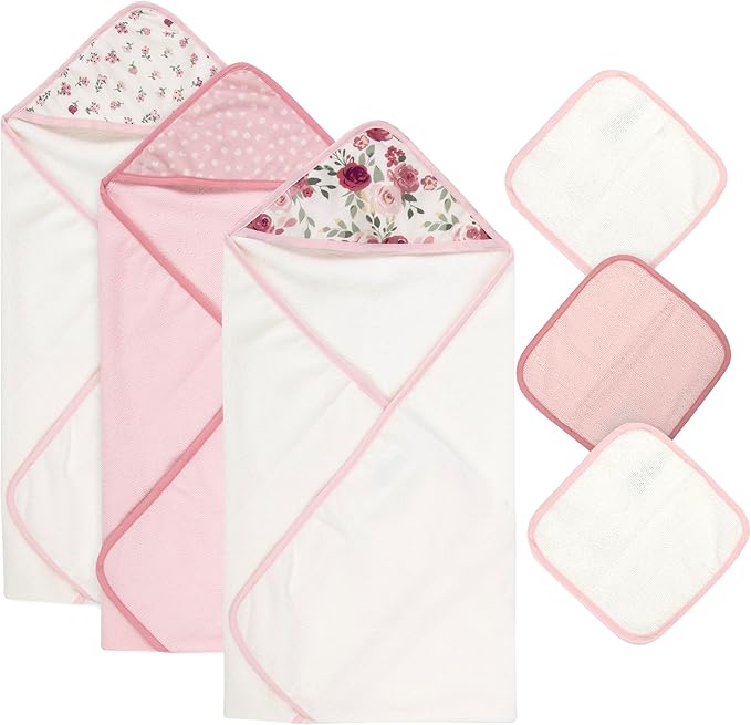 Hooded Baby Bath Towel and Washcloth 6 Piece Set for Newborns, Infants & Toddlers, Boys & Girls Baby Hooded Towels Set (Roses & Blossoms)