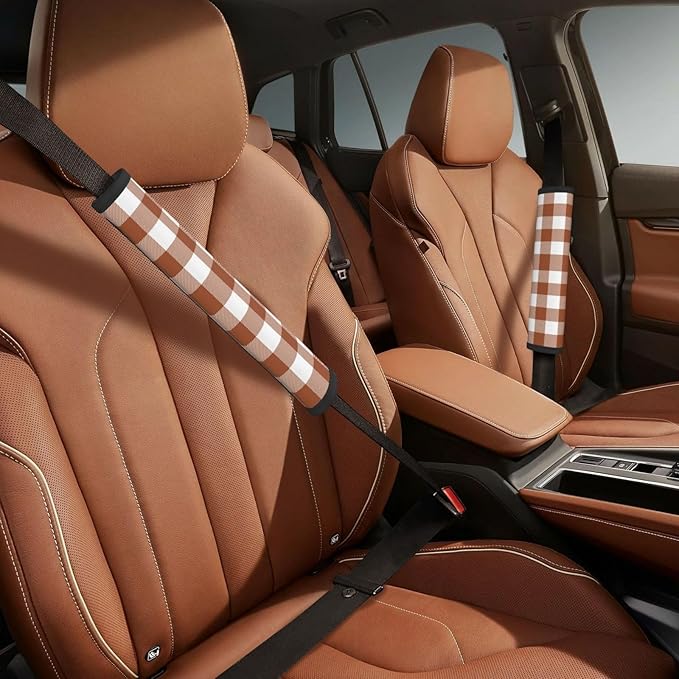 Buffalo Plaid Brown White Seat Belt Cover Fits Cars Trucks SUV Sedans Air Permeability Car Seatbelt Strap Cover, Auto Interior Accessories Protector