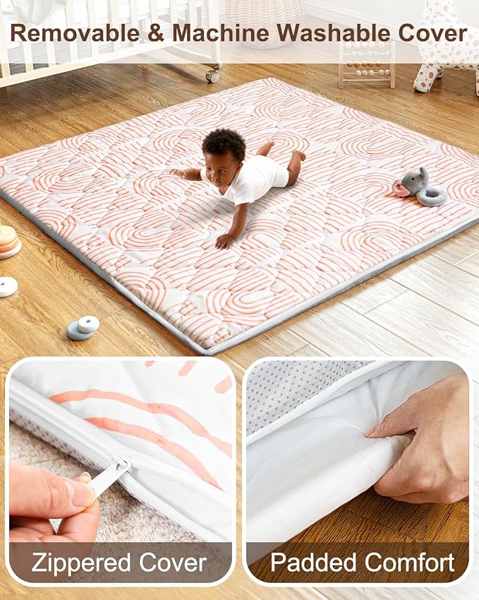 Foam Baby Play Mat 50x50, Removable and Machine Washable Cover, Thicken Cushioning Playmat and Perfect for Playpen, Non-Slip Bottom, Easy to Clean for Infants, Toddlers & Babies(Rainbow)