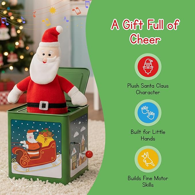 Jack Rabbit Creations Santa Claus Jack in The Box Toy, Plush Santa, Side Crank Plays We Wish You A Merry Christmas, Surprise Pop-Up, Kids Age 3+