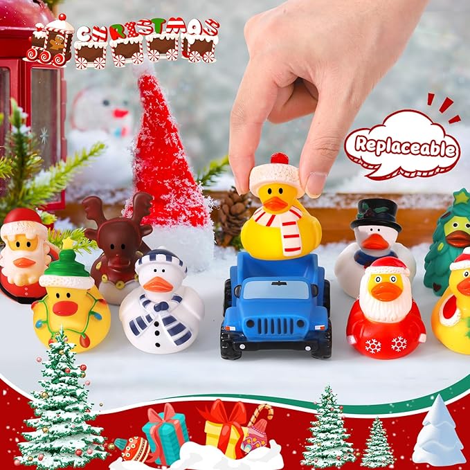 24 Pcs Christmas Rubber Ducks for Jeeps, 3.5 Inch Ducks for Ducking, Off-Road Vehicles Suitable for 2 Inch Ducks, 12 Christmas Rubber Ducks with 12 Cars, Bath Toy Christmas Party Favors Gifts