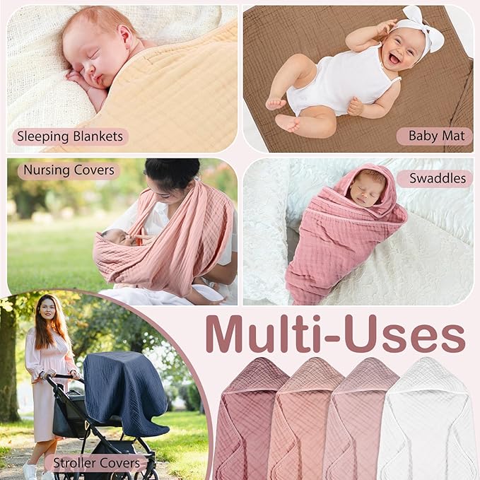 Peryiter 4 Pcs Muslin Hooded Baby Towels 32 x 32 Inch Cotton Newborn Bath Essentials Muslin Infant Blankets Absorbent Registry Gifts for Girl Boy Kids Baby Shower (Light Pink)