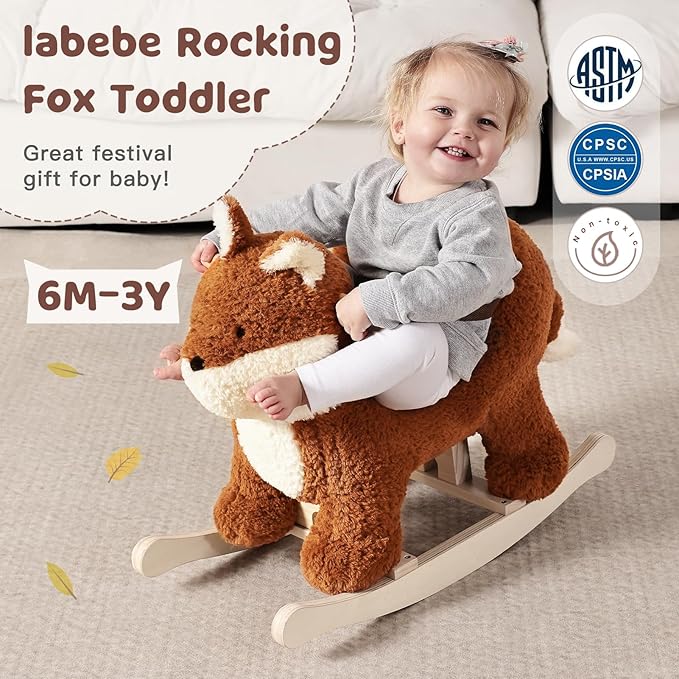 labebe - Baby Rocking Horse, Brownish Red Fox Rocking Horse with Seat Belt, Plush Animal Rocker for Kids, Stuffed Rocker Toy for Children 6M-3 Years Old Girl&Boy