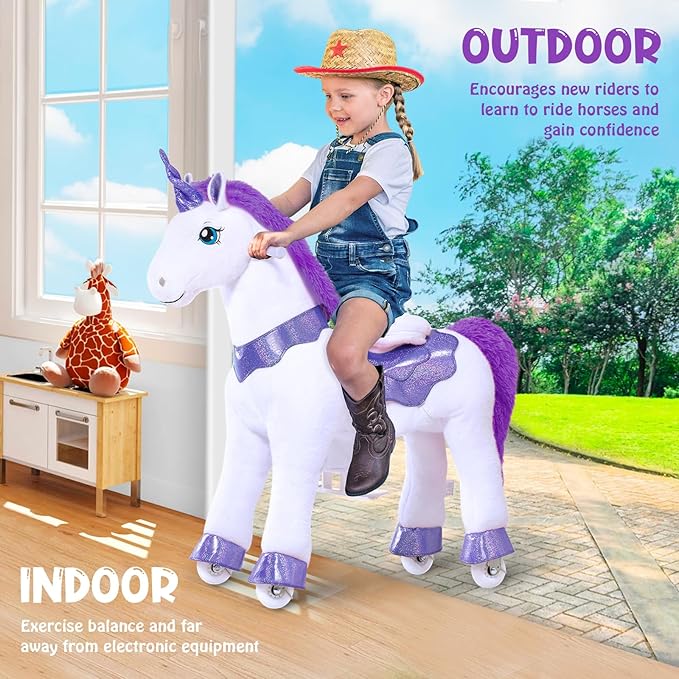 PonyCycle Ride on Unicorn for Kids 4-7 with Brake, Unicorn Gifts for Girls (35.4" Height/Size 4) Plush Interactive Riding Rocking Riding Horse Ride on Toy Spirit Toys Stuffed Animal Purple E413