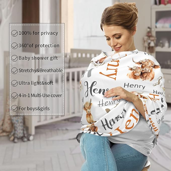 Personalized Car Seat Covers with Name, Highland Cow Baby Canopy Carrier Cover, Breathable Breastfeeding Nursing Cover, Stretchy Multi-Use Infant Carseat Stroller Cover