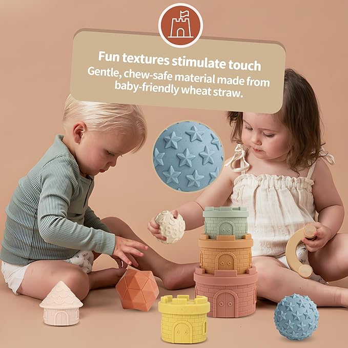 Baby Stacking Cups & Sensory Ball Set, Textured Sensory Toys for Babies, Soft Castle Nesting Blocks, Newborn Teether & Bath Toys 6-12 Months, 8 PCS Montessori Learning Gifts for Toddlers 1-3