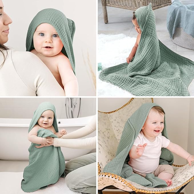 Cinaci 1pc Soft & Absorbent 100% Muslin Cotton Baby Hooded Bath Towel for Baby Girls Boys Newborns Infants Toddlers Kids (Green)