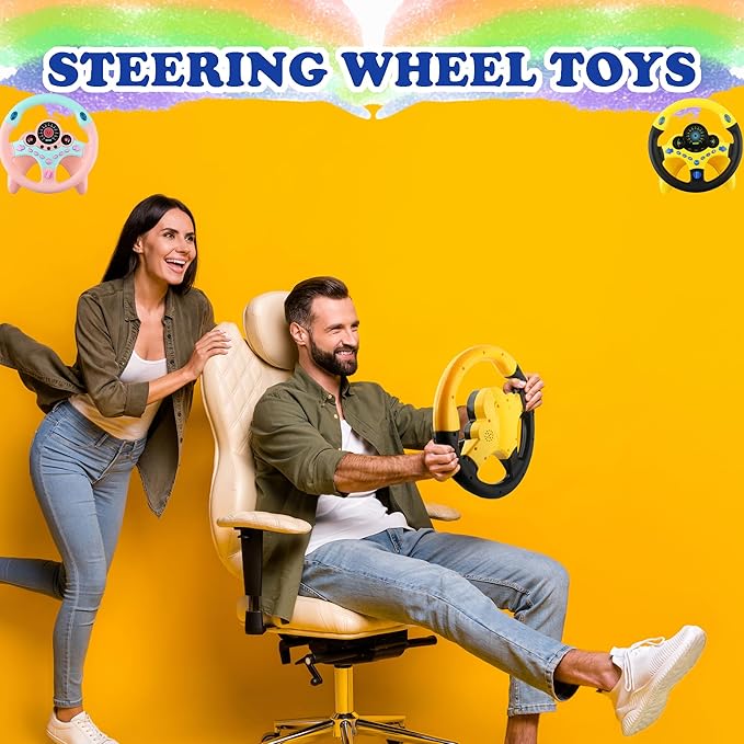 2 Pack Car Driving Simulated Toy Kids Steering Wheel Copilot Driving Steering Wheel Toy with Light Music for Kids Early Learning Educational Sounding Toys, 2 Colors