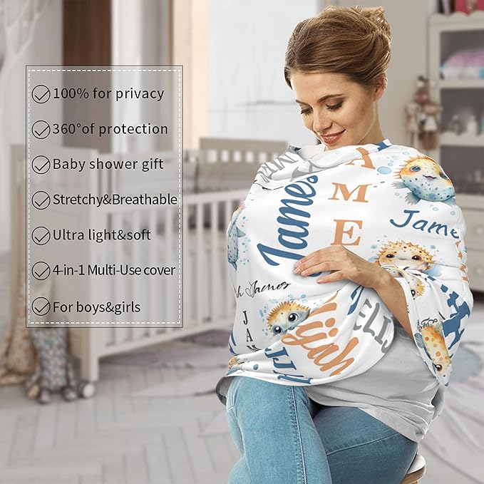 Personalized Baby Car Seat Cover with Name Stroller Canopy Custom Pufferfish Carseat Cover Newborn Baby Boy Girl Nursing Cover for Moms First Birthday Gift