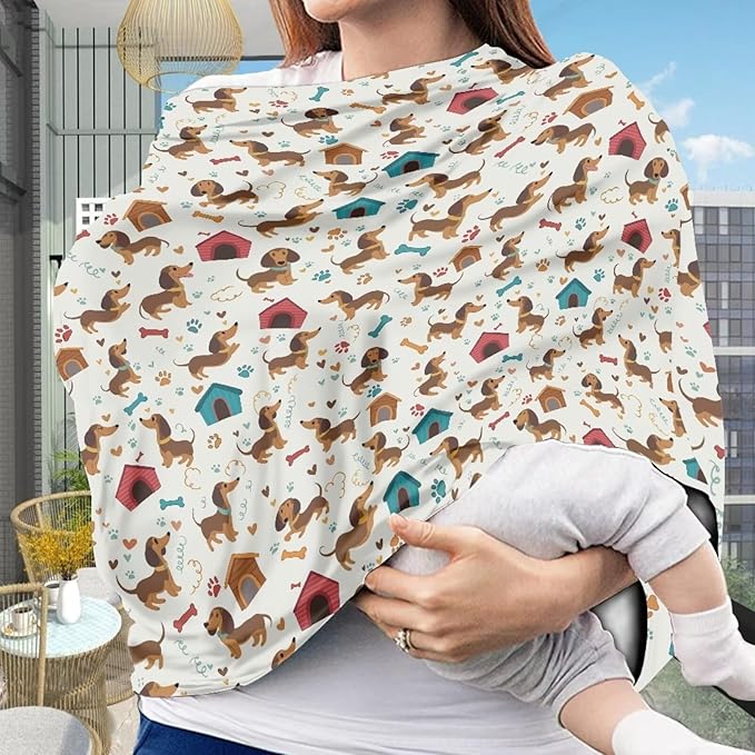 AFPANQZ Cute Dachshund Print Nursing Cover Breastfeeding Scarf Baby Car Seat Covers for Boys Girls Infant Carseat Canopy Stretchy Soft Breathable Multi-Use Cover Up for Stroller High Chair