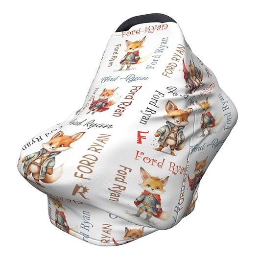 Personalized Baby Car Seat Covers for Babies, Custom Fox Nursing Breastfeeding Carseat Canopy with Name, Infant Stroller Covers for Newborn Girls Boys, Breathable Carseat Cover
