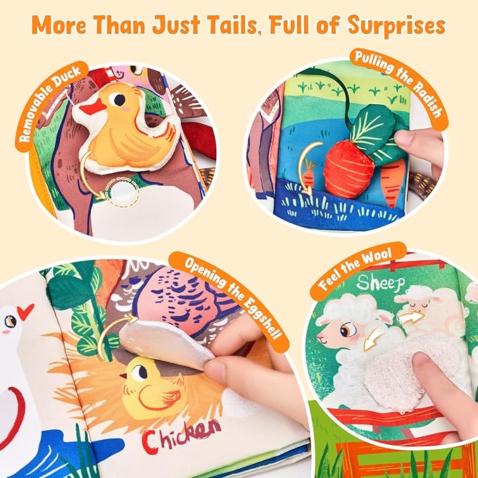 JoyCat Baby Books 0-6-12 Months - Farm Tail Tummy Time Toys - Sensory Touch & Feel Crinkle Cloth Book with Detachable Duck - Newborn Easter Basket Stuffers