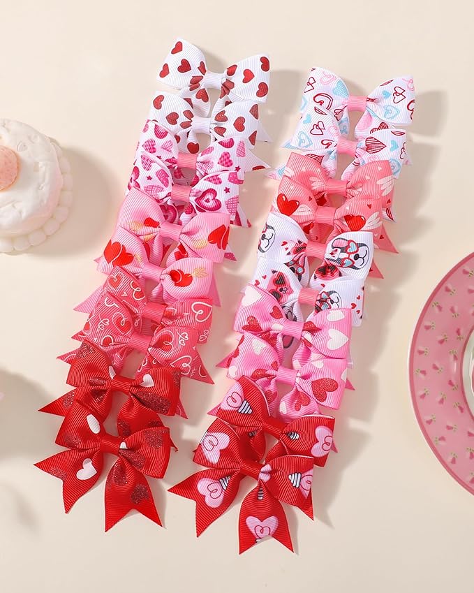 Jollybows 20pcs Baby Hair Clips Girls Bows Love Heart 2" Mini Alligator Clip Toddler Pigtail Bow Fine Hair Clip Valentine Hair Accessories