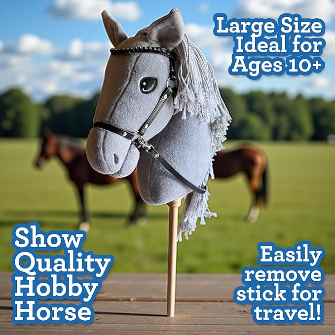 Playful Minds Large Hobby Horse for Kids and Adults – Show Quality with Rhinestone Studded Bridle, Removable Reins, and Long Mane – Plush Handmade Tournament Stick Horse, Grey