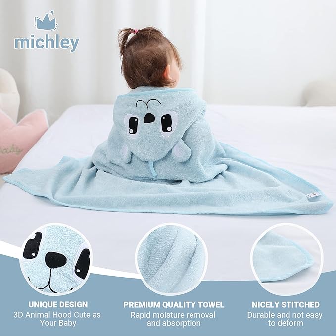 MICHLEY Bamboo Viscose Baby Hooded Bath Towel for 0-5 Years Boys and Girls, 29.5 x 39.5 Inch Ultra-Soft and Quick-drying Infant Bath (Bear)