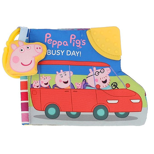 Kids Preferred Peppa Pig Soft Book with Ribbons, Teether Corner, Squeaker, Crinkle Pages, Flaps, On-The-Go Clip, Ages 0 Months and Up, 6.5 inches