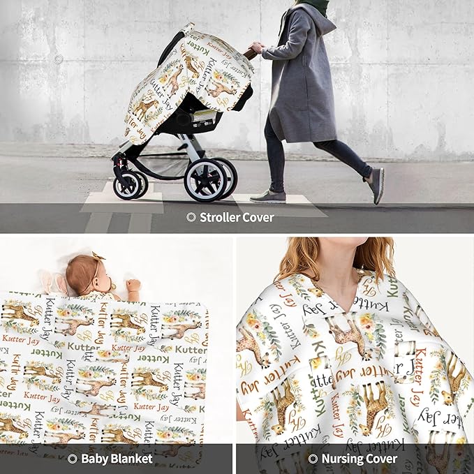 Personalized Winter Carseat Cover for Baby Custom Name Car Seat Canopy for Newborn Baby Boys Girls 2 in 1 Mom Nursing Breastfeeding Covers Giraffe Minky Baby Carrier Stroller Covers