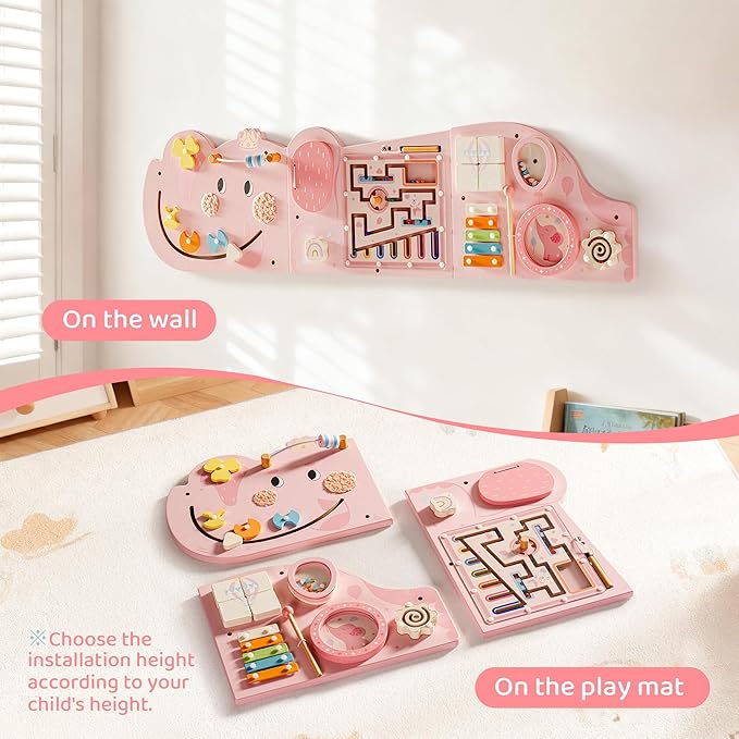 ROBUD Elephant Montessori Busy Board, 12-in-1 Activity Wall Busy Board, Montessori Sensory Wall Panel for Boys & Girls, Toddler Learning Activity Center for Playroom, Nursery, Pink