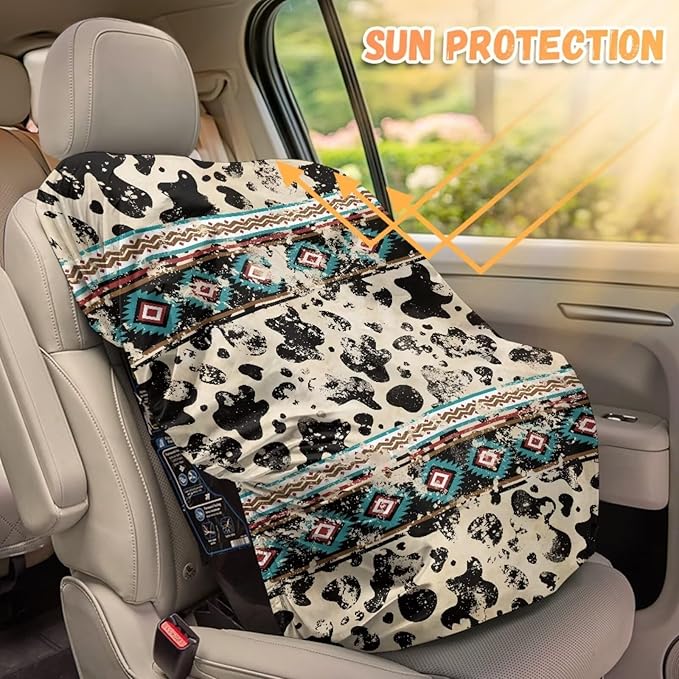 Car Seat Cover Baby Cow Print Car Seat Sun Shade Cover with Elastic Band, Boho Car Decor Universal Baby Travel Accessories