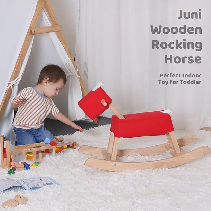 Red Wooden Rocking Horse Juni for Toddlers (Ages 1-3) - Soft Canvas Fabric, Gentle on Skin, Solid Rubber Wood, Sturdy Wood Rocking, Christmas Housewarming Gift for Kids