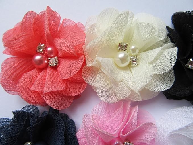 Baby Girls Chiffon Flower Hair Clips with Rhinestones and Pearl,YYCRAFT 40 pcs Party Wedding 2" Hair Accessory for Kids Toddler Infant Girls(20 colors)
