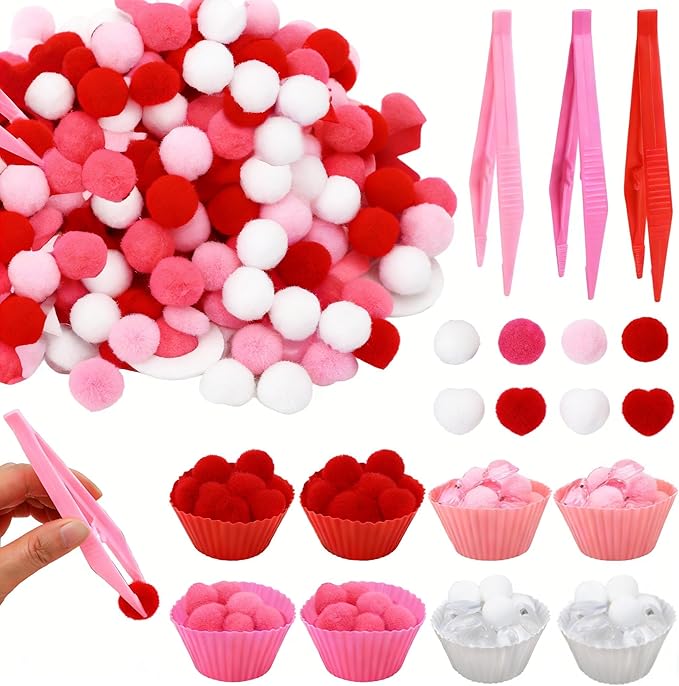 Kaiolbly 241-Piece Valentine's Day Sensory Bin Filler Kit with Pom Poms, Acrylic Hearts Muffin Cups for Creative Sorting