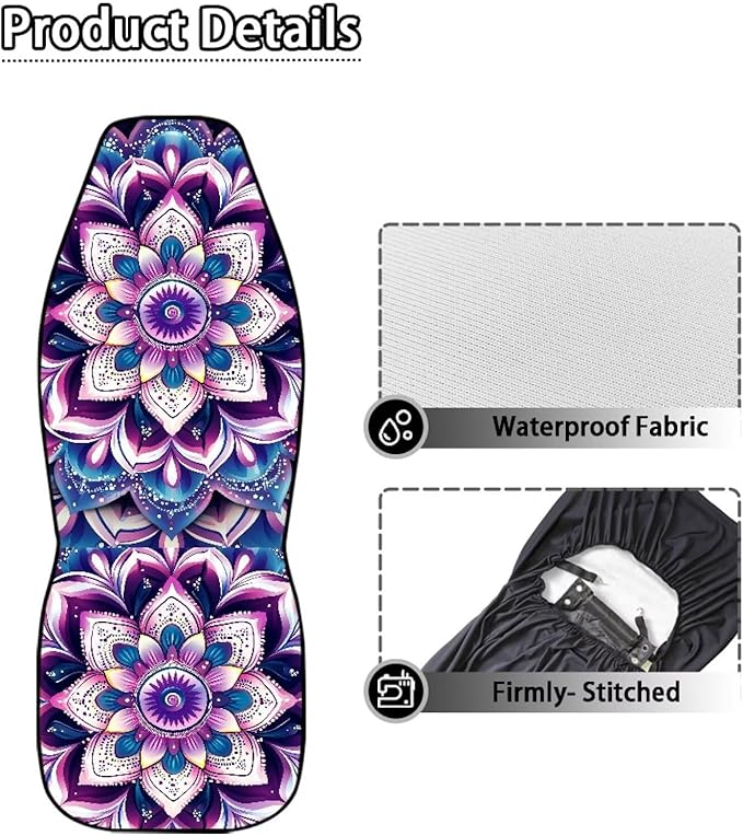 Purple Mandala Waterproof Car Seat Cover Anti-Slip Back Fabric Automobile Front Seat Covers Easy to Install All-Season Protection Universal Vehicle Accessories