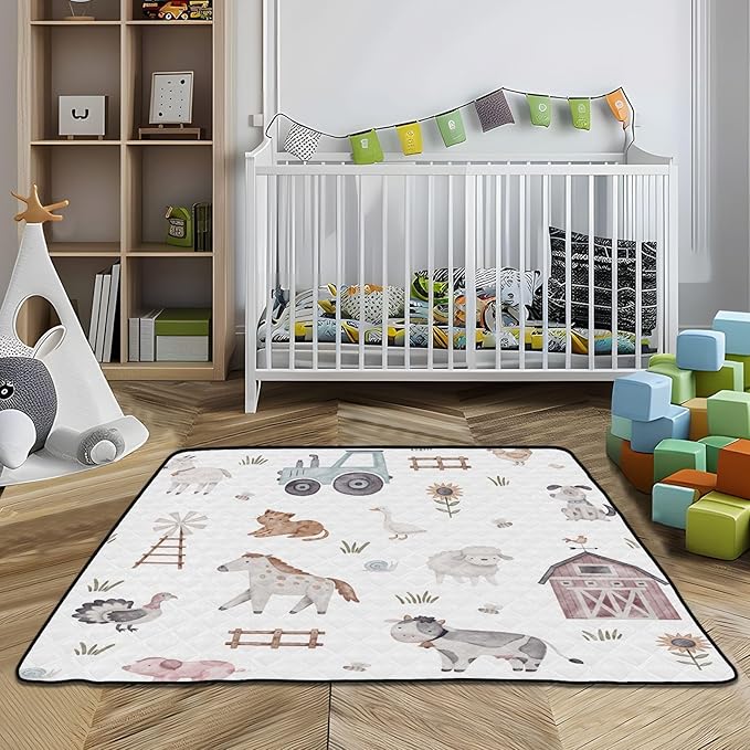 Baby Play Mat Watercolor Farm Animals Tractor 50 x 50 Playpen Mat Baby Play Mats for Floor Play Gym Crawling Mat Non-Slip Cushioned Baby Playmat for Infants, Babies, Toddlers