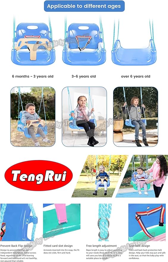 3-in-1 Swing Anti-flip Snug & Detachable for Toddler to Teenager Macarons Color Outdoor Patio Play (Light Blue Chair+Yellow Handrail)