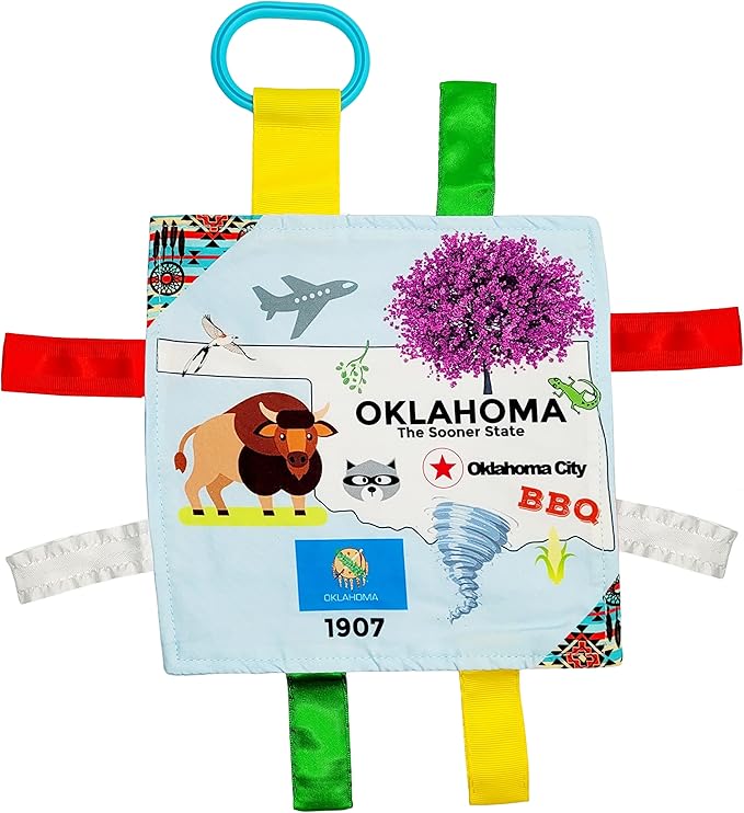 Baby Jack & Co 8x8” Learning Lovey Oklahoma State Tag Stroller Toy for Babies - Crinkle Toys for Developing Five Senses - Learn About Capitals - Travel with Baby Jack - BPA Free w/Stroller Clip
