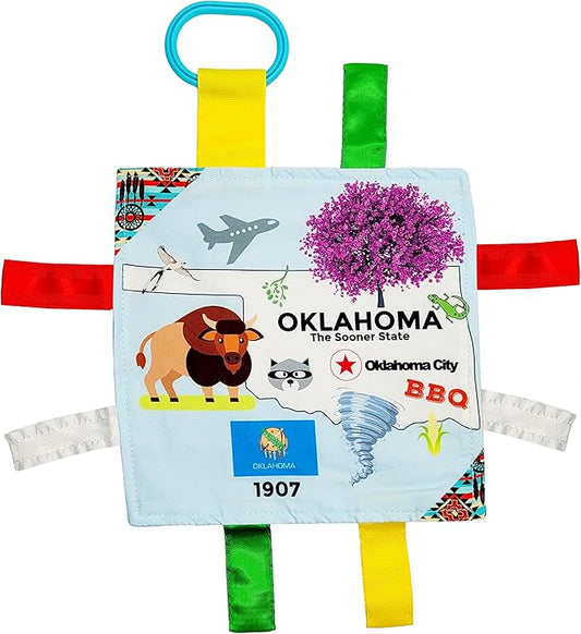 Baby Jack & Co 8x8” Learning Lovey Oklahoma State Tag Stroller Toy for Babies - Crinkle Toys for Developing Five Senses - Learn About Capitals - Travel with Baby Jack - BPA Free w/Stroller Clip