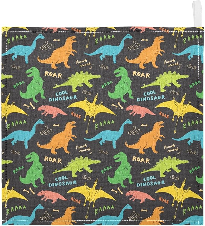 vvfelixl Baby Washcloths Cotton Colored Dino Dinosaurs Baby Muslin Washcloths Soft Baby Face Towel for Newborn Infants, 11.8 X 11.8 Inch, 5 Pack Black