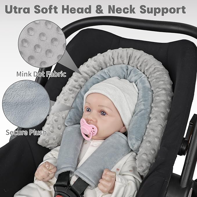 Infant Car Seat Insert, Baby Car Seat Head & Body Support with 2 Straps Pads, Ultra Soft Newborn Preemie Carseat Insert Cushion for Girls Boys, Fits Car Seat, Stroller, Swing, Bouncer, Grey