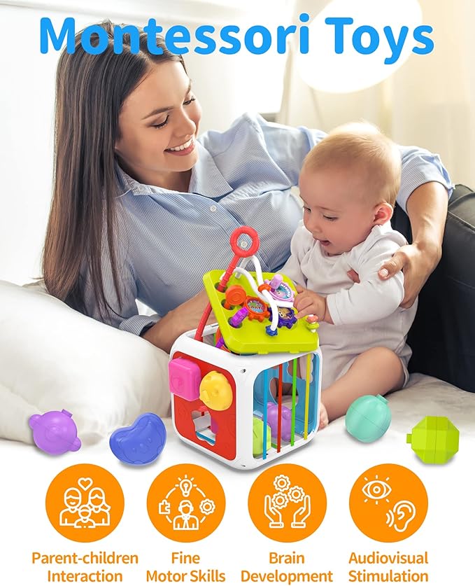 kecristv Montessori Toys for Toddler Girls Boys, Baby Sorter Learning Sensory Activity Cube, Toddler Girl Boy Easter Basket Stuffers Birthday Gifts, Baby Toys 18+ Months
