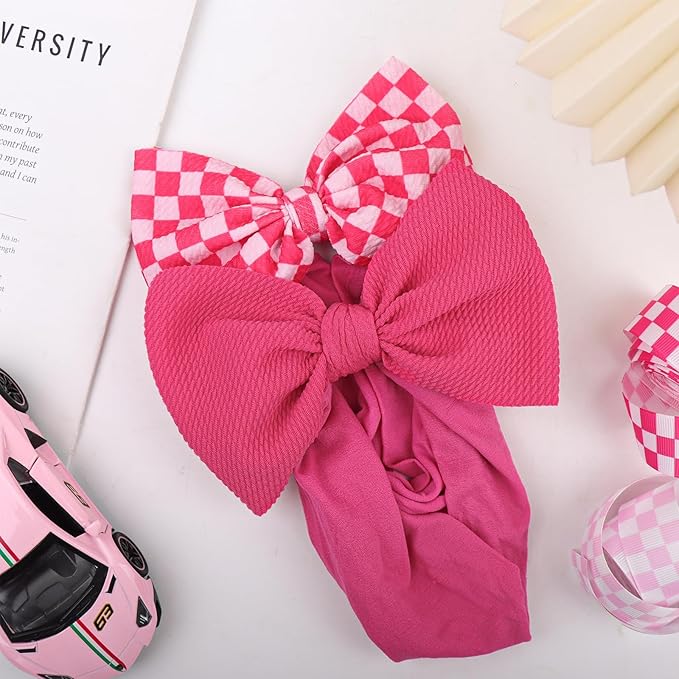 YanJie 2PCS 6’’ Hot Pink Bows for Baby Girls Checkered Headband Pink Bow Infants Toddler Hair Accessories Newborn Headbands Hair Bow Baby Clothes
