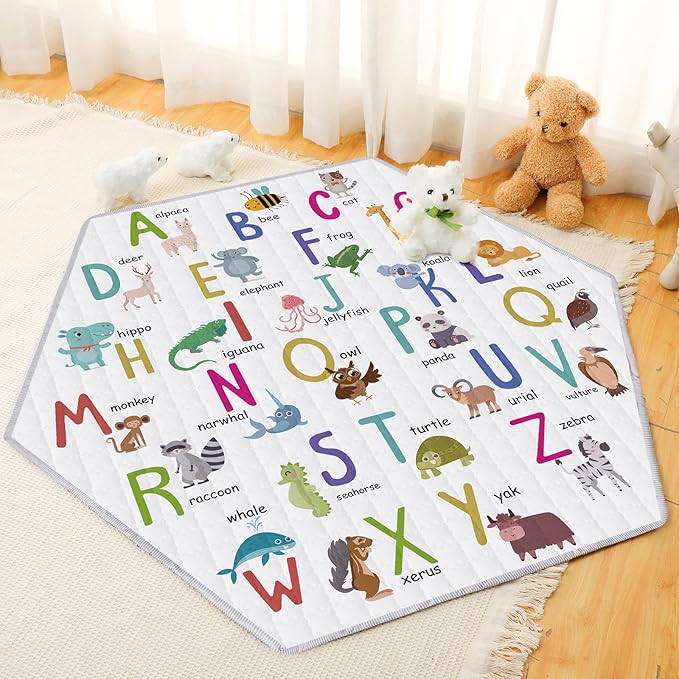 Funtery Woodland Animals Hexagon Playpen Mat Baby Play Mat Foldable Soft Nursery Rug Portable Baby Playmat Washable Comfortable Hexagon Playpen Mattress for Floor Activity Room Indoor Outdoor (Fresh)