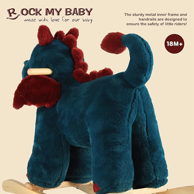 Rocking Horse Dragon, Baby Animal Rocker, Plush Rocking Horse with Sweet Music, Ride on Horse,Wooden Rocking Horse for Toddlers 18+ Months, (Blue Dragon), CPC Certified