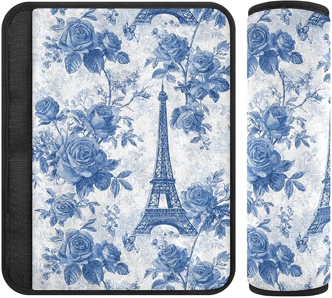 2 Pack Seatbelt Covers Seat Belt Cover Pad for Adults Boys Girls Car Seat Strap Covers Pads Cushion Universal Shoulder Strap Pad Protector for Backpack Camera Bag 6.5 Inch Blue Roses and Eiffel Tower
