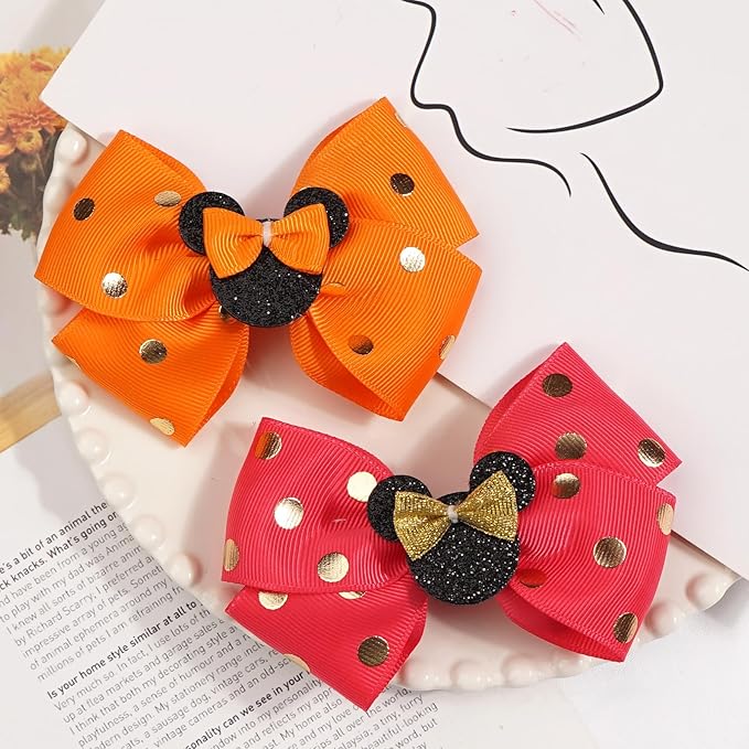 4 Inch Cute Mouse Ears Sequins Bows Hair Clips For Baby Girls, Toddler, Kids and Young Women Birthday Party Wedding Christmas Occasions Set of 2 (A- Orange)